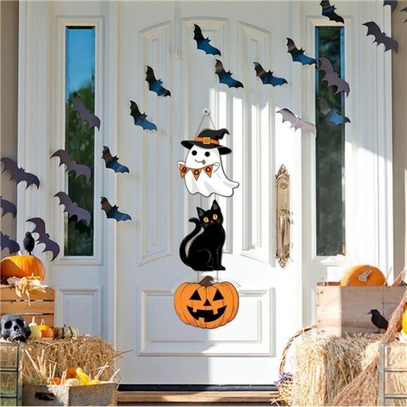 Halloween Ghost Black Cat Pumpkin Door Hanging Sign Decorations, 3 Plaques - Picture 2 of 8